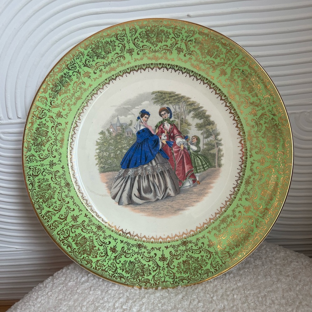 Vintage Green and Gold Decorative Porcelain Plate with Victorian Scene 🎬